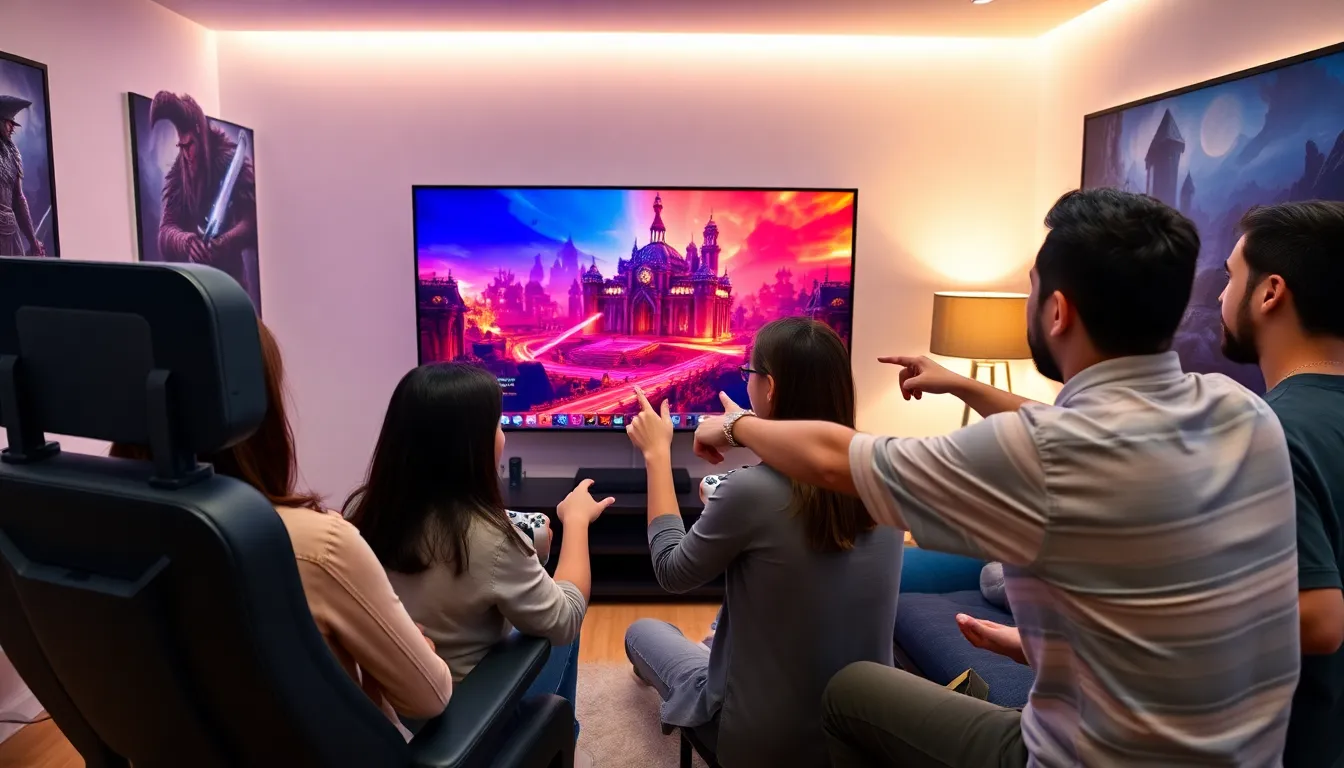 gamers in a modern gaming room enjoying World of Warcraft on console.