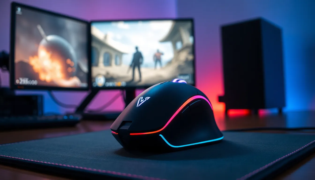 high-quality gaming mouse on a stylish desk with gaming monitors.