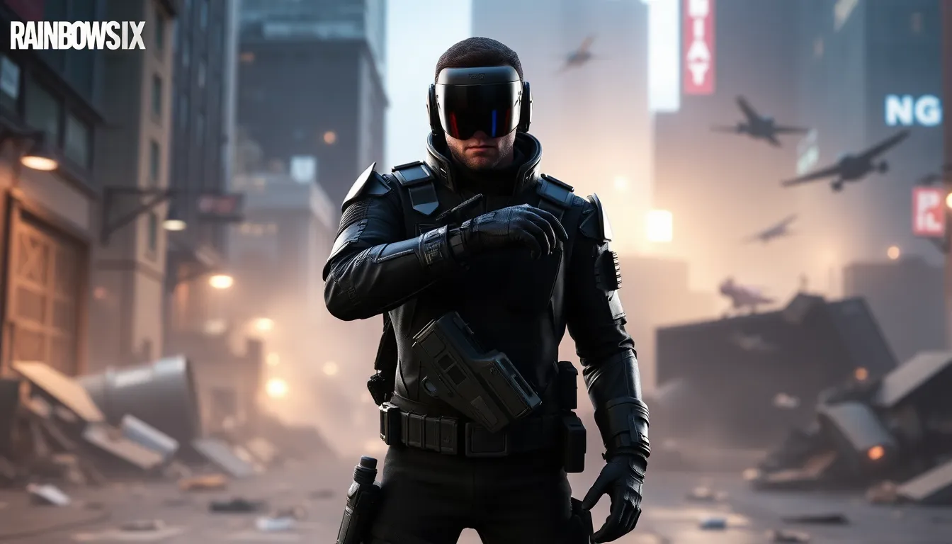 tactical operator Deimos in a Rainbow Six Siege battlefield.