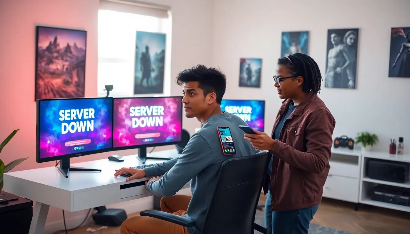 two gamers discussing server outage in a modern setup.